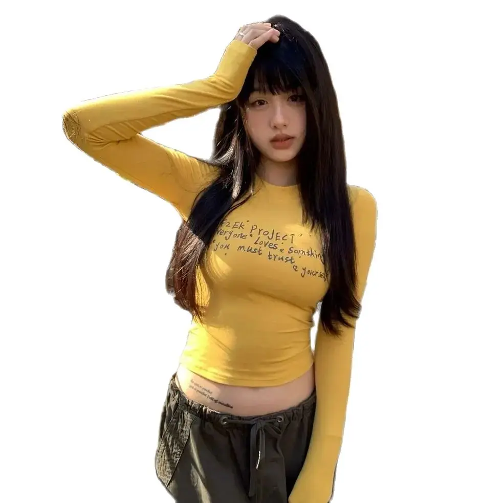 

Korean Fashion Girls Knit Cotton T-shirt Long Sleeves Cute Letters Printing Slim Fit Crop Tops Women Spring Summer Design