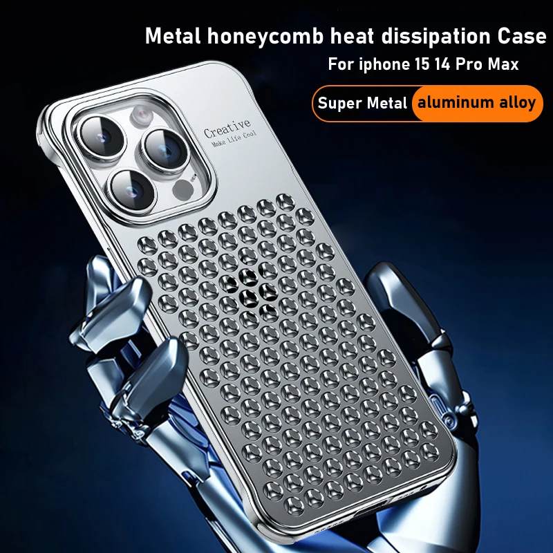 

For iphone 14 15 Pro Max Case Metal Aluminum Alloy Ultra thin Heat dissipation Four corner anti fall airbag Protective Cover