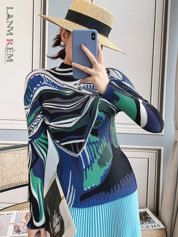 

LANMREM Women Printed Turtleneck T-shirt Long-sleeve Casual Thin Fabric Female Chic Top Clothing 2024 Spring Trendy 2A7008