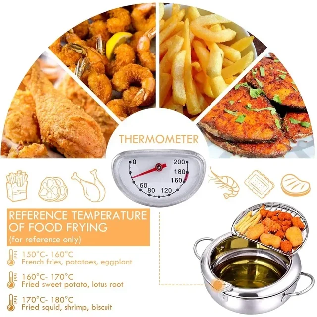 Pentola per alimenti in acciaio inossidabile con termometro e scolapiatti per olio Pentole per fornelli a induzione a gas a doppio fondo per uso domestico 3