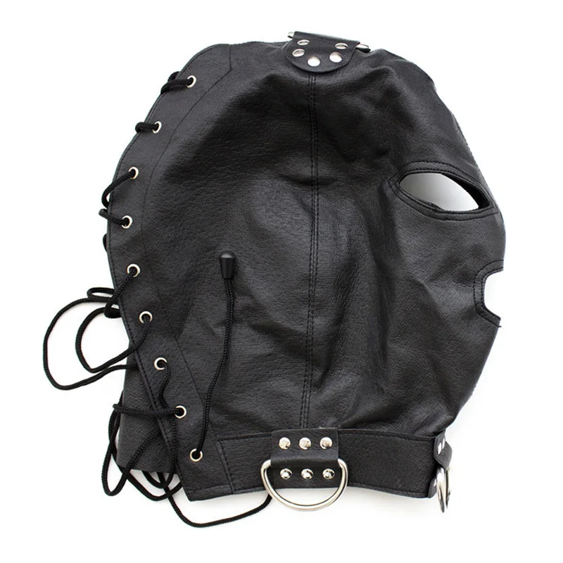 Capot masqué de bondage Bdsm, masque en cuir PU à suspension suspendue, bouche et oeil ouverts d'esclave G_voghion.com