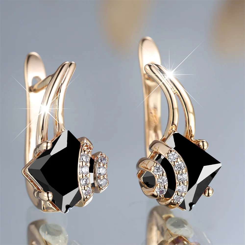 Geometric Square Stone Retro Black Crystal Hoop Earrings For Women Vintage Gold Color Ear Buckle Wedding Jewelry Engagement Gift
