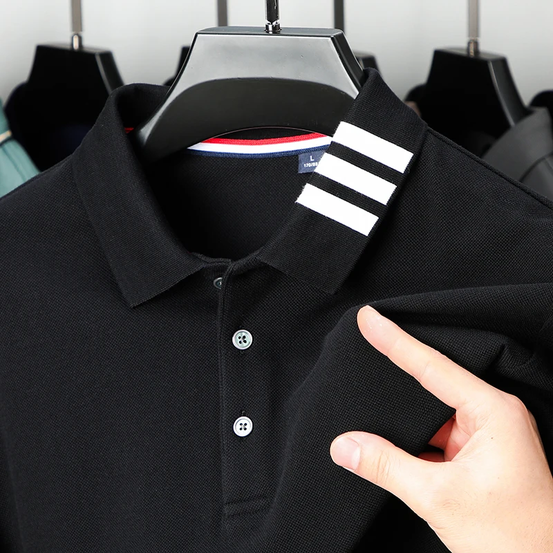 Long Sleeve T Shirt Men 100COTTON Autumn Classic Stripe Print Lapel Hem Slit