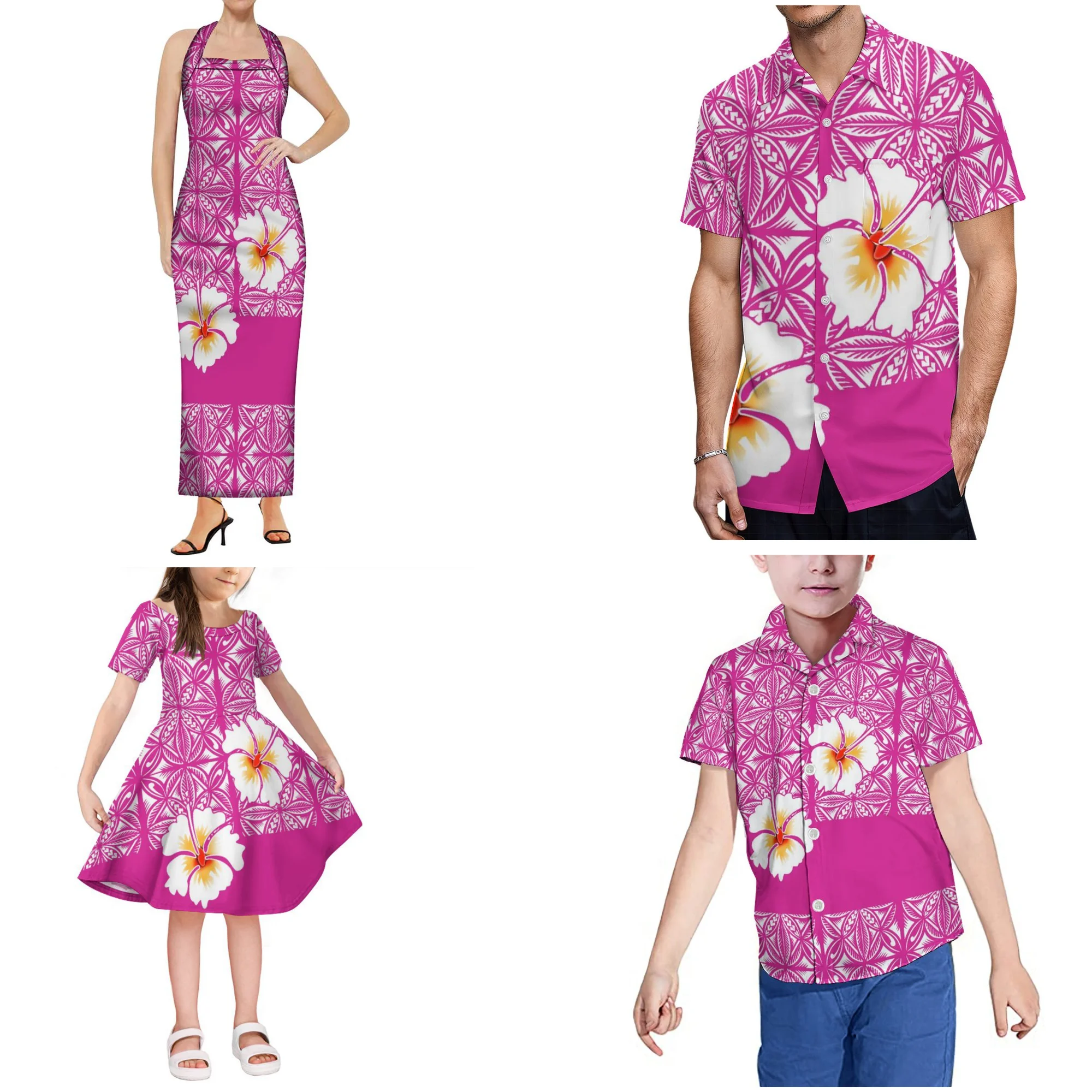 

Customized On Demand Samoan Dress Polynesian Hawaii Style Trendy Men Shirts Family Four Piece Set