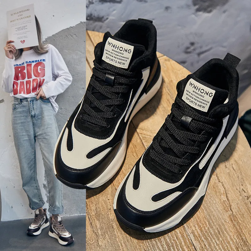 2024 Early Spring New Genuine Leather High Top Dad Shoes Women's Thick Sole Color Blocking and Velvet Lacing Casual Sports Shoes Instagram Trendy_voghion.com