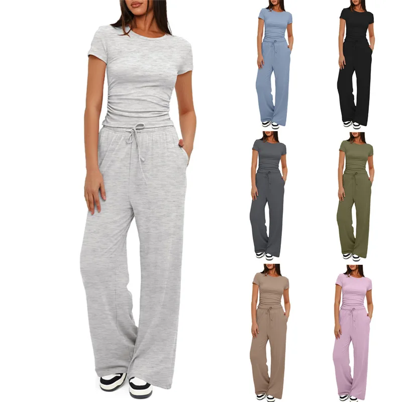 Women's 2 Piece Outfits Lounge Sets Ruched Short Sleeve Tops and High Waisted Wide Leg Pants Tracksuit Sets autumn winter women casual green velvet two piece set lantern sleeve mock neck crop top and ruched flare pants tracksuit outfits