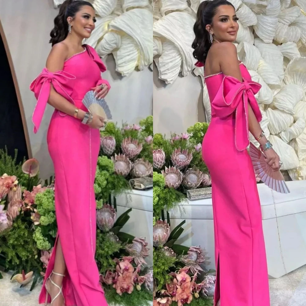 Sparkle Exquisite High Quality Jersey Bow Draped Pleat Christmas A-line Off-the-shoulder Bespoke Occasion Gown Long Dresses