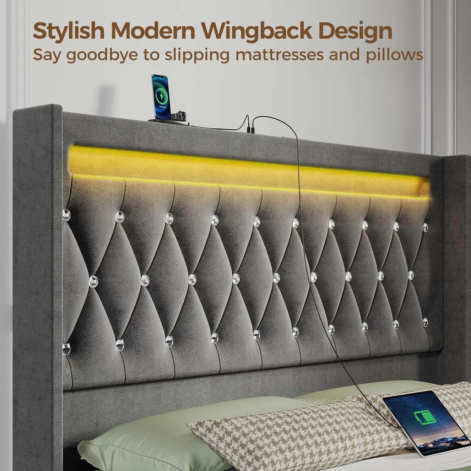 Twin Bed Frame with LED Light and Charging Station, Upholstered High Headboard and Footboard, Wood Slats, Noise Free, Grey 5