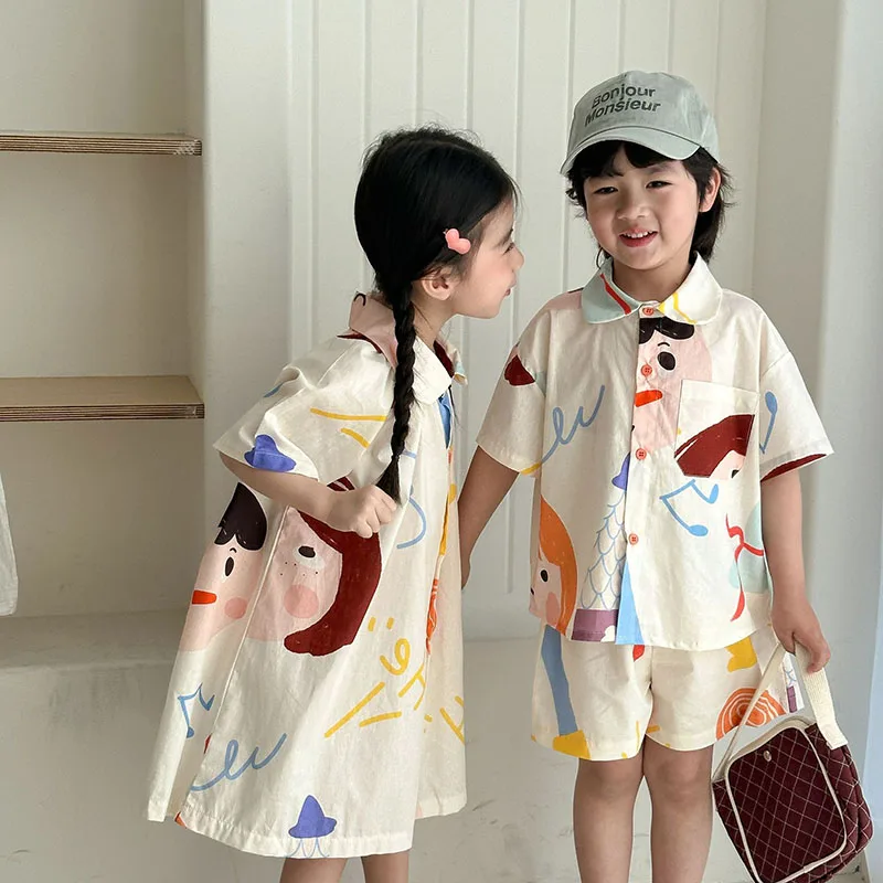 Summer Kids Clothes Set Cotton Loose Fit Dress Shirt