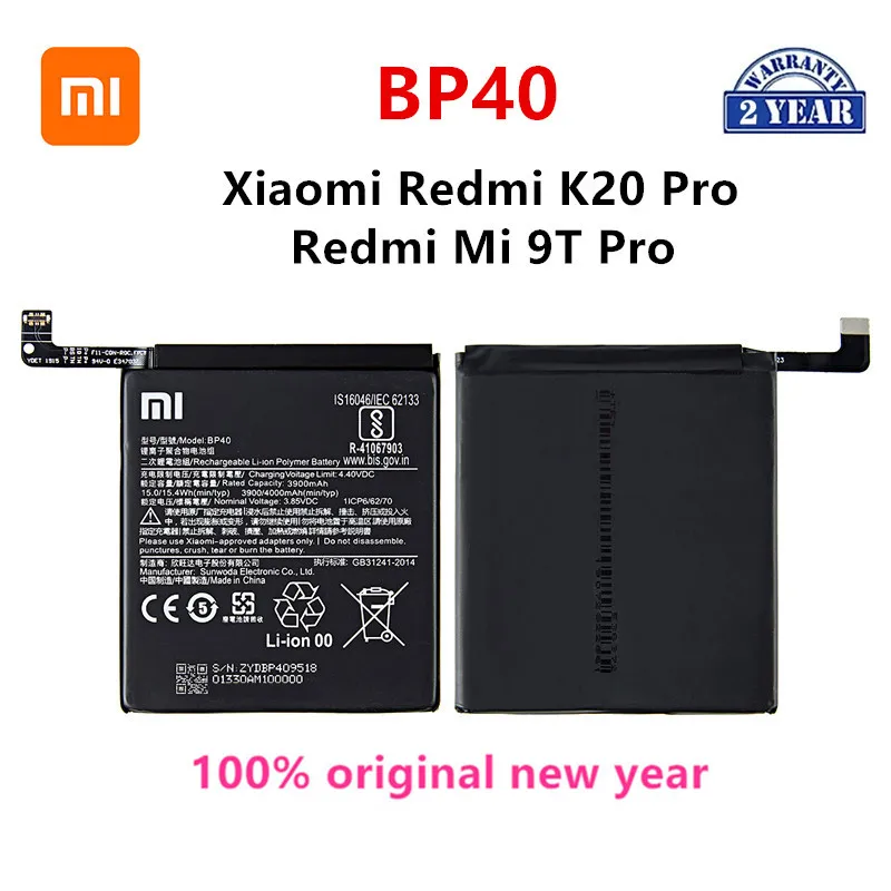 

Xiao mi 100% Orginal BP40 4000mAh Battery For Xiaomi Redmi K20 Pro / Mi 9T Pro BP40 High Quality Phone Replacement Batteries