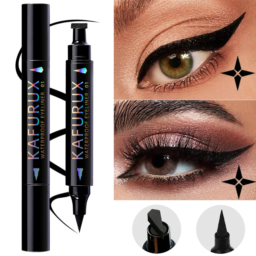 3 Colors Double Head Star Seal Eyeliner Waterproof Stamp Pen Black Blue Purple Eye Liner Pencil Fast Drying Lazy Eye Makeup 3