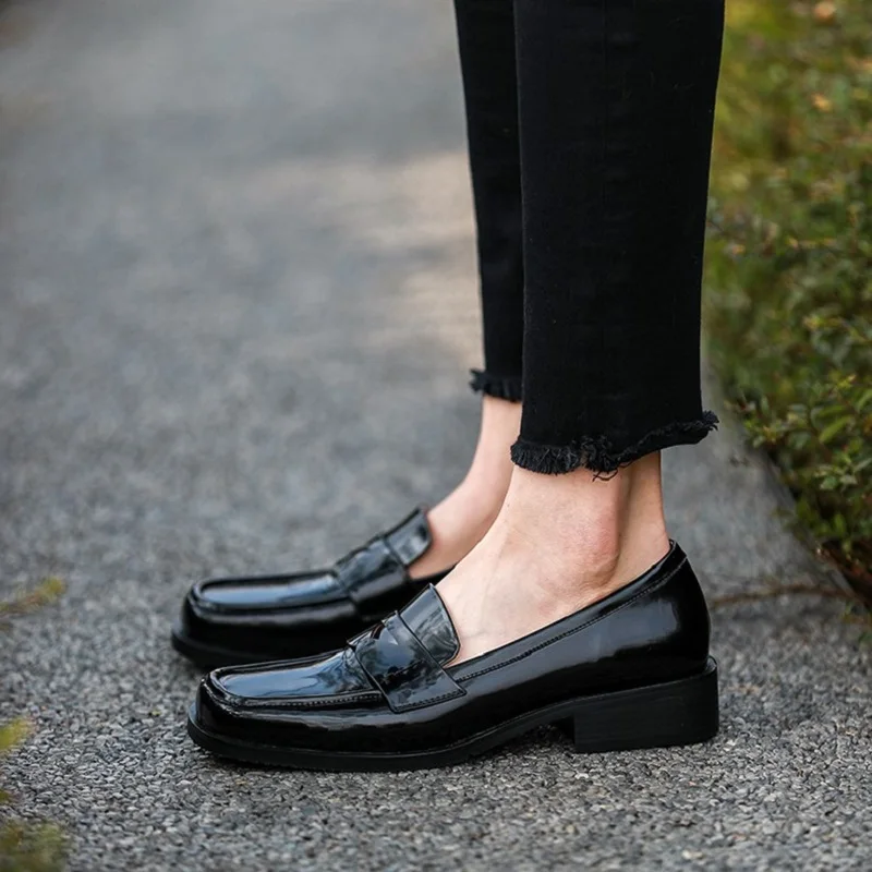 

Square Toe Flats Cowhide Real Leather Ladies Daily Shoes British Style Comfort Loafers Slip On Women Simple Shoes
