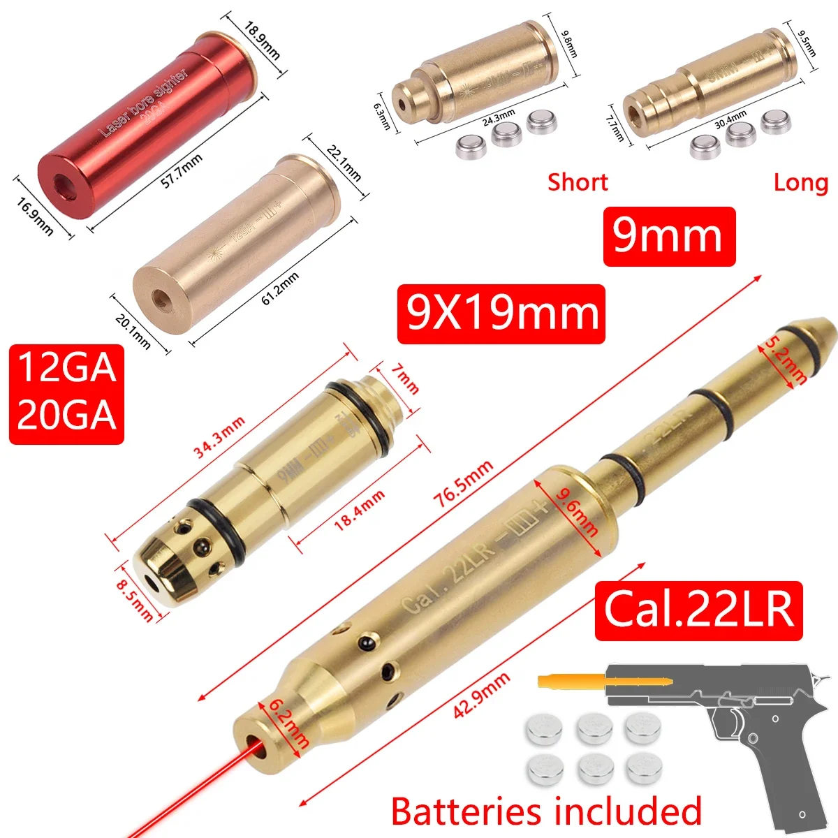 Laser Bore Sight Tactical Red Laser Bore Sight Training Bullet Caliber .223/9mm/12GA/20GA/7.62/.45/.22LR Cartridge Brass Hunting