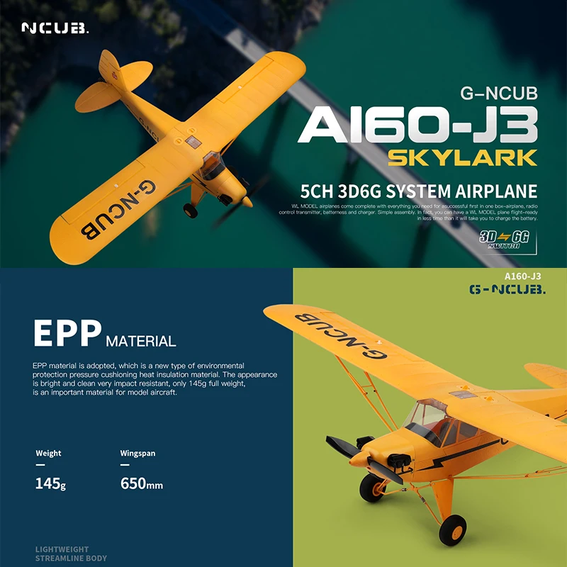 오리지널 WLtoys A160 RC 비행기 업그레이드 J3-CUB 5CH 원격 조종 비행기 3D/6G A-축 1406 브러시리스 모터 야외용 폼 항공기