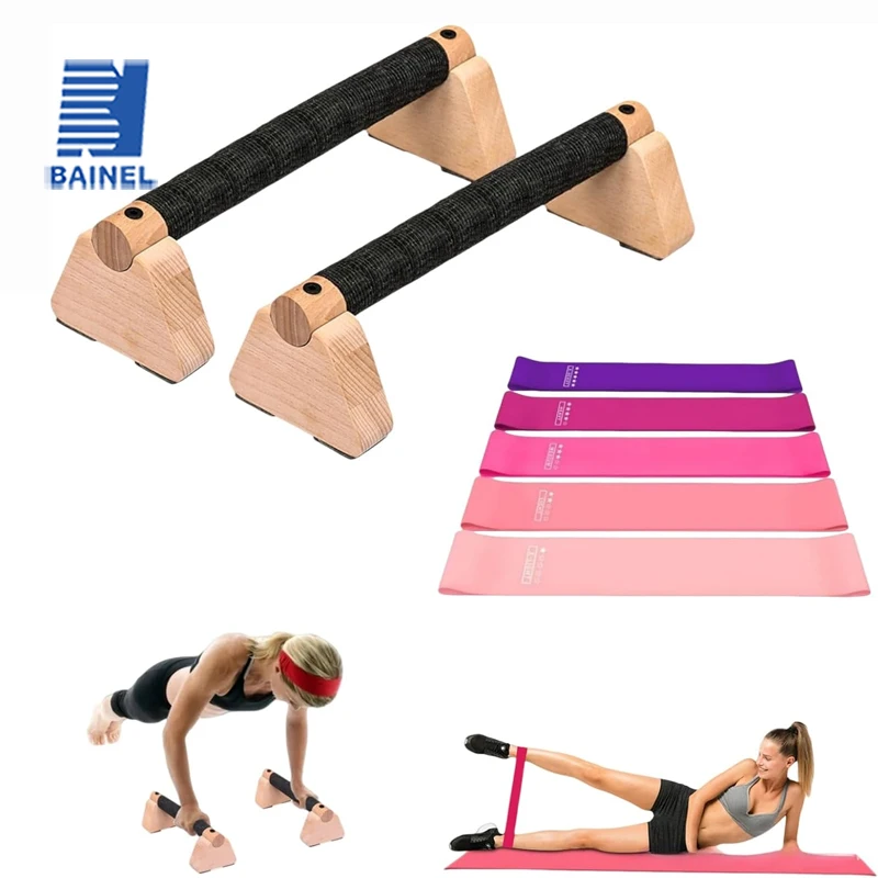 Wooden Push Up Stand with 5 Resistance Bands Men's and Women's Aerobic Exercise Strength Training Home Fitness Equipment