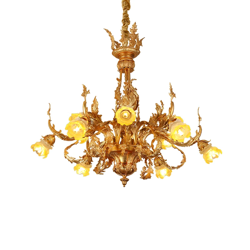 

DINGFAN European Living Room Pendant Light Glass Flower Shade French Luxury Villa Brass Chandelier
