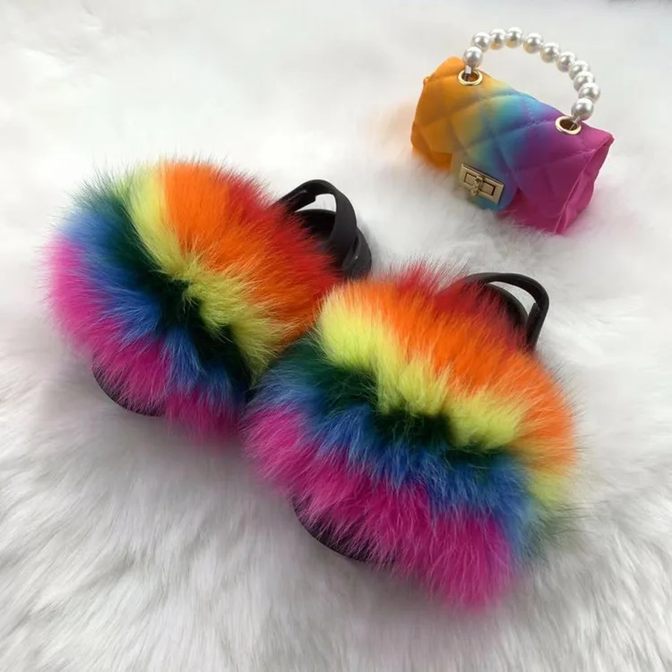 Girls Faux Fur Slippers Fullfy Furry Fur Slides Child Rainbow