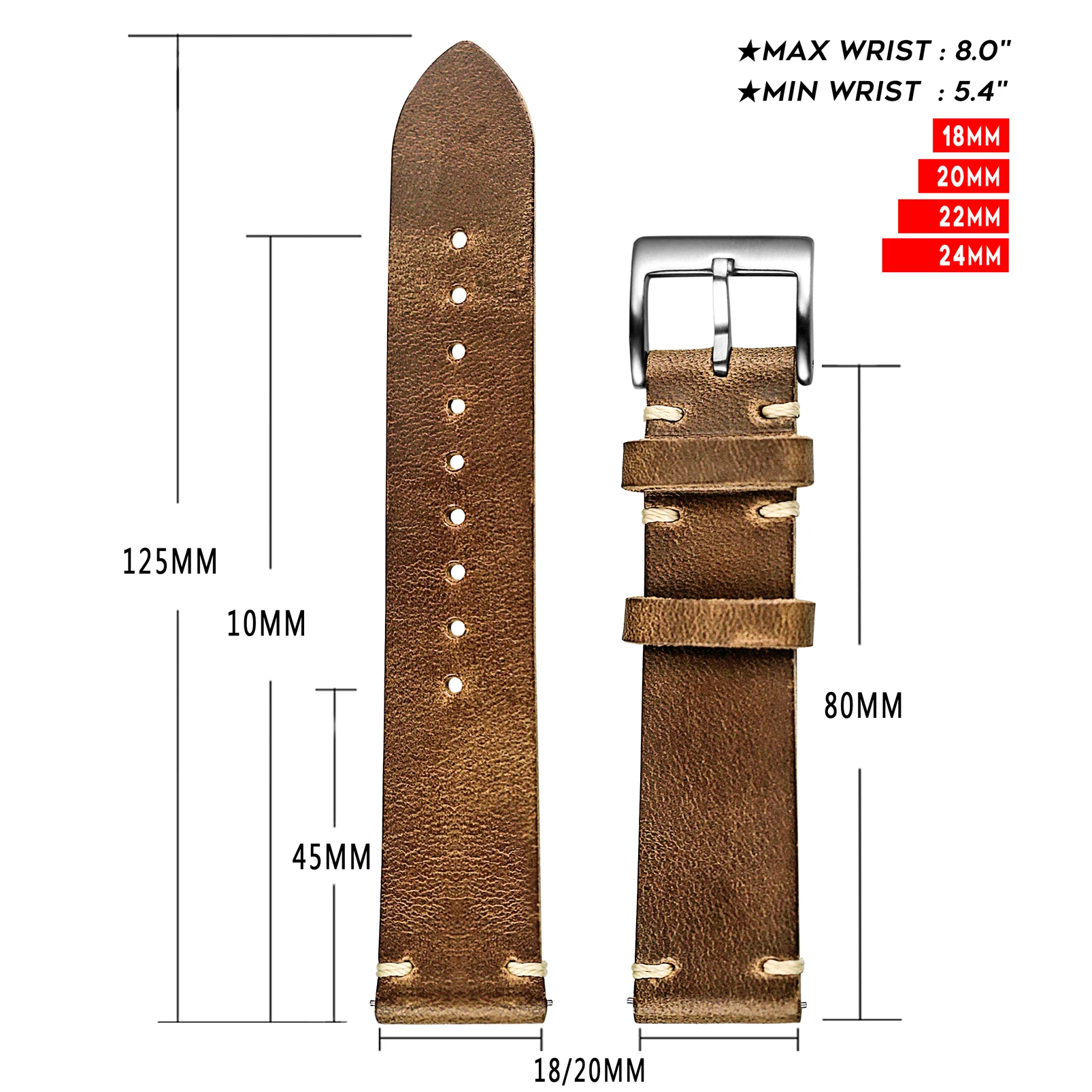 Horween US Chromexcel Leather Watch Bands Black Soft Wrap Handmade Leather Straps 18mm 20mm 22mm