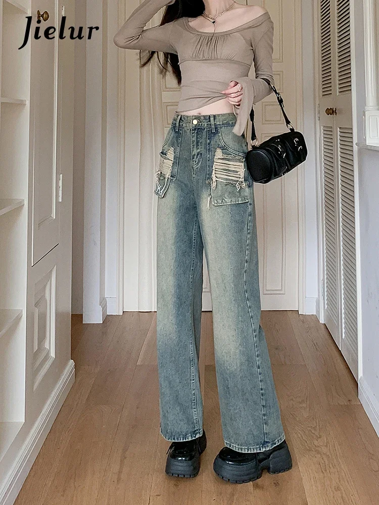 

Jielur Ins Vintage Holes Slim Women Jeans Autumn New High Waist Loose Chicly Woman Jeans Fashion Casual Wide Leg Pants Female