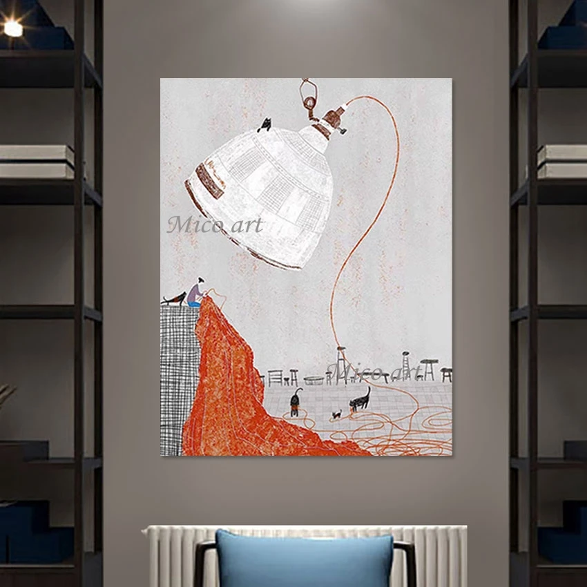 

Abstract Modern Large Desklamp Cartoon Oil Painting Canvas Wall Art Cat Hand Drawing Picture Without Framed Kindergarten Decor