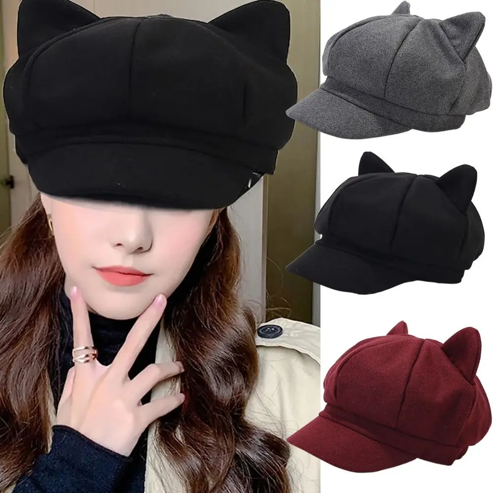 귀여운 고양이 귀 모자 화가 모자, 베레모 모자, 오리 혀 모자, 따뜻한 모자, 팔각형 모자, 짧은 처마, 클래식 패션 버전, 레이디 소녀