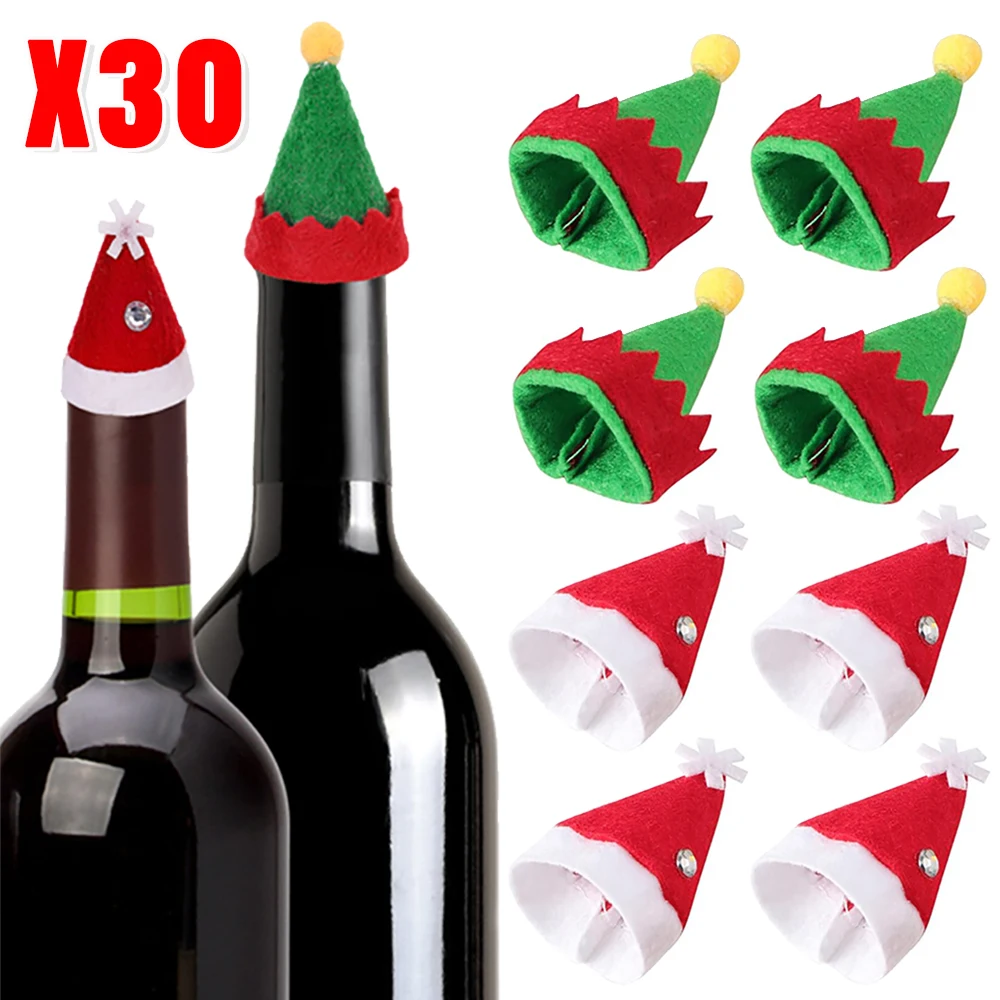 

30/1Pcs Mini Santa Hat Cup Wine Bottle Covers Lollipop Candy Santa Claus Hat Home Xmas Navidad Party Table Dinner Decorations