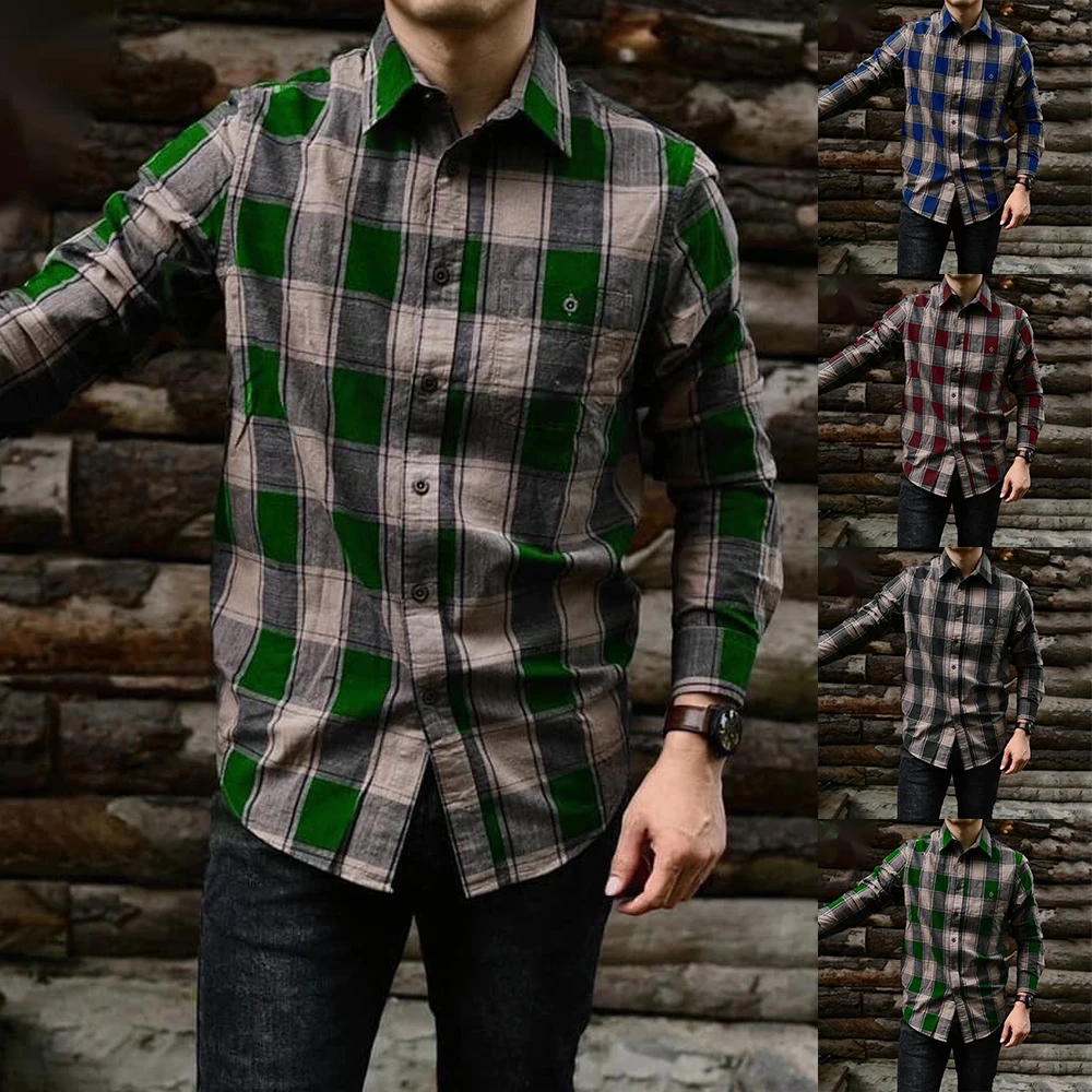 

Men's Plaid Shirt Soft Single Breasted Button Turn-Down Collar Pattern Long Sleeve Casual Slim Tops Coat Men Clothing