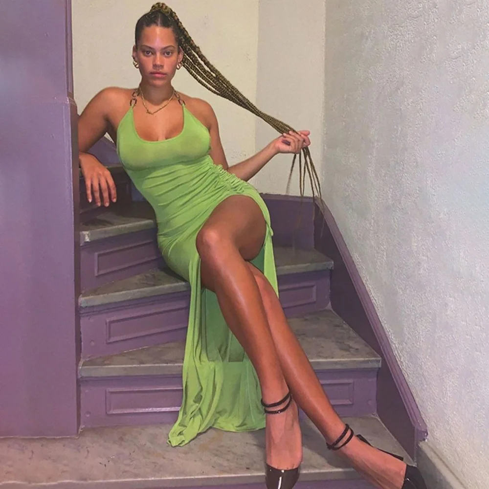 

2021 New Solid Color Irregular Long Skirt Tight Sexy Pleated Dress Women's Lace-Up Chain Suspender Dress