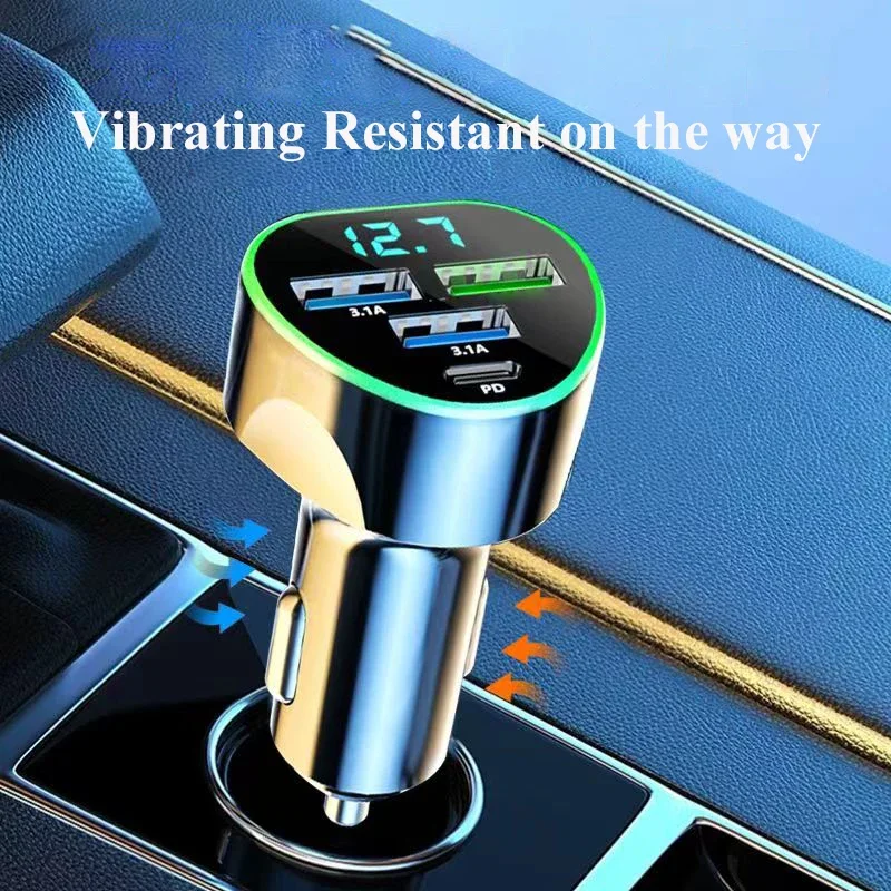 USB C 차량용 충전기 어댑터, LED 전압 모니터, 초고속 충전, 아이폰, 삼성, 화웨이, 원플러스, 안드로이드 폰용, 4 in 1