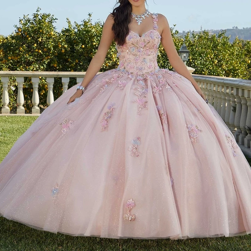 

Pink Shiny Quinceanera Dresses Ball Gown Sleeveless Appliques Lace Vestidos Para Quinceañera 2024 Brithday Party Gown