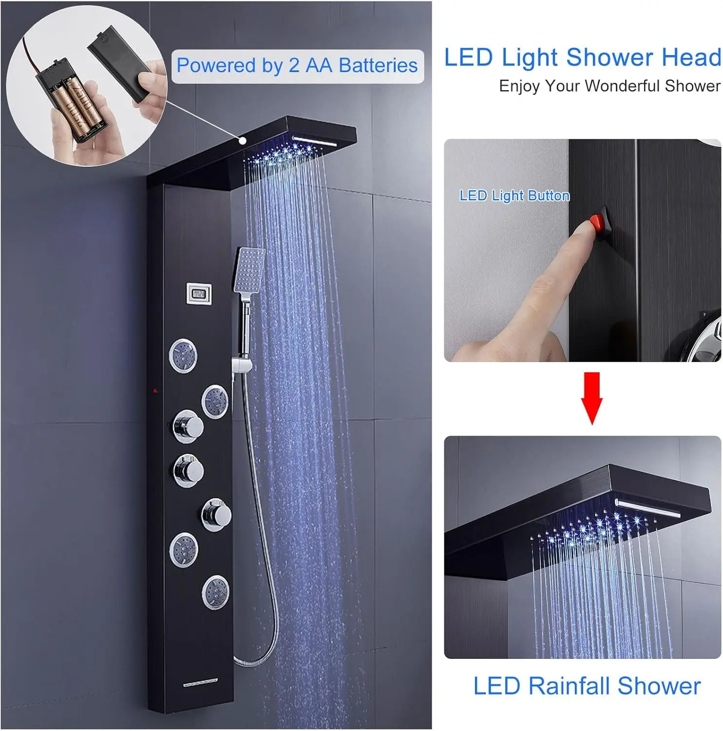LED Shower Panels Tower System 304 Stainless Steel Bathroom Shower Panel System with 4 Body Jets Rainfall Waterfall Black