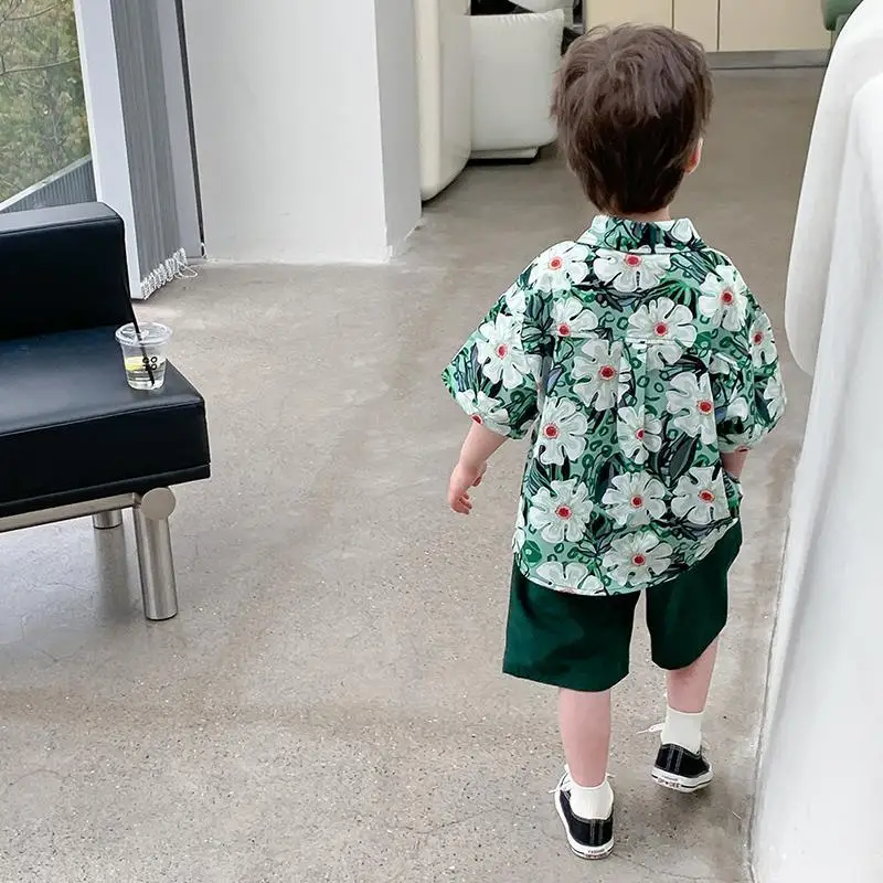 Kids Clothing Set 2-9 Yrs Boys Summer Flower Shirt Shorts Tie