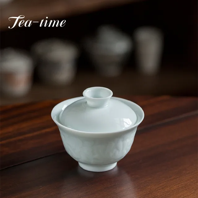 150 Ml Kézzel Készített Árnyék Celadon Tea Tureen Megkönnyebbülés Lotus Art Scalding Hand Grab Bowl Maker Ceramic Gaiwan Kung Fu Teakészlet - Image 5