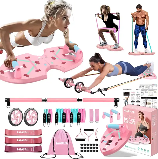LALAHIGH Portable Home Gym System: Large Compact Push Up Board, Pilates Bar  & 20 Fitness Accessories with Resistance Bands & Ab Roller Wheel - Full
