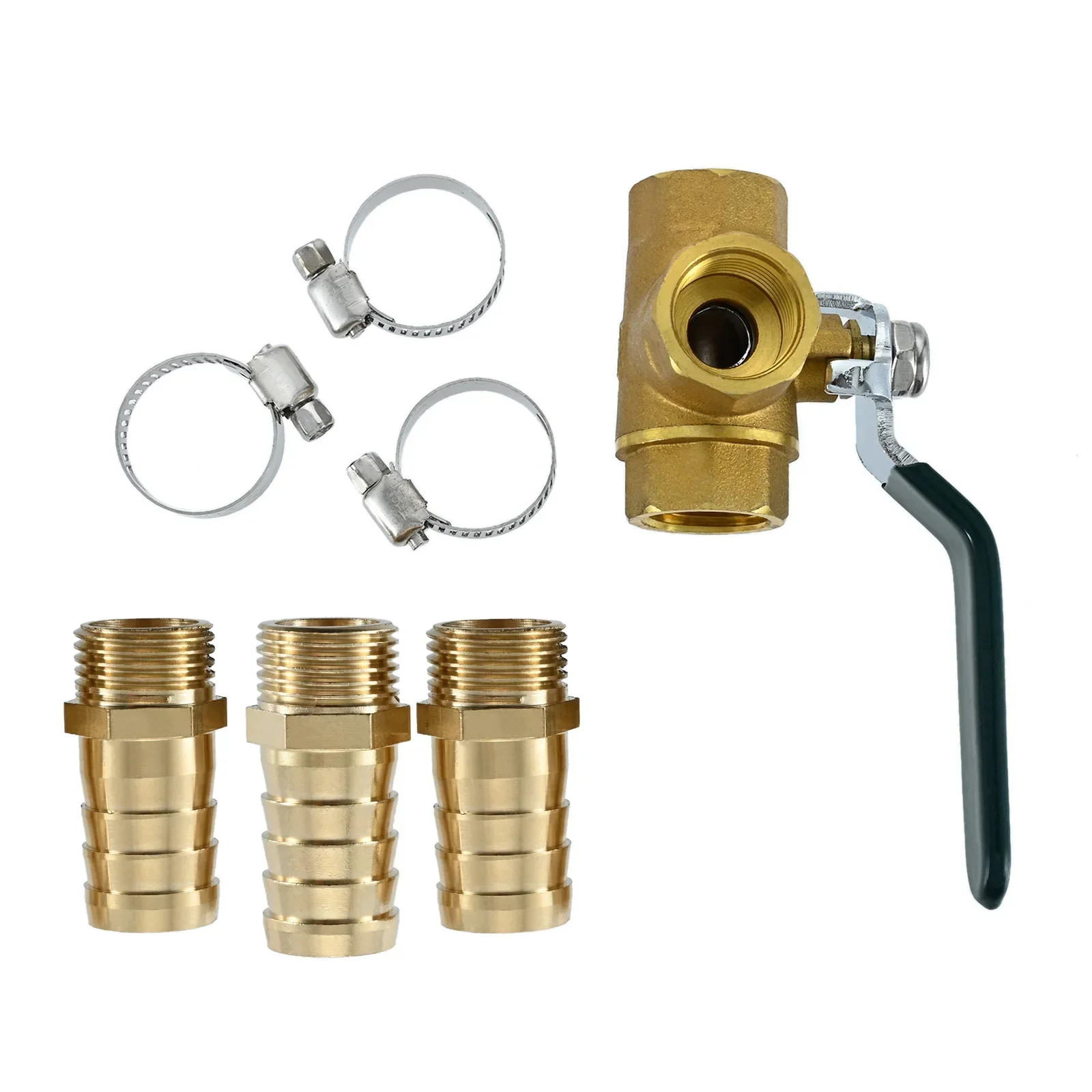 Brass 3-Way L-Port 1/2" Hose Barb Ball Valve 1/2" G Female Thread with Shut Off Lever Handle T Shaped Brass Fitting &Pipe Clamps