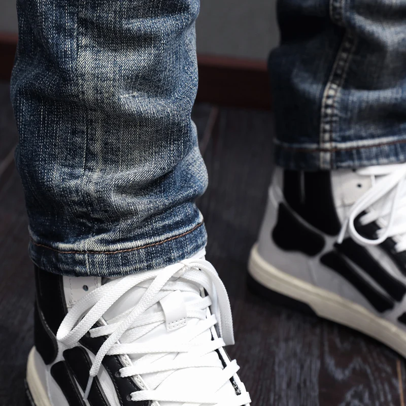 Fashion Designer Men Jeans High Quality Retro Blue Elastic Slim Fit Ripped Jeans Men Vintage Trousers Casual Denim Pants Hombre