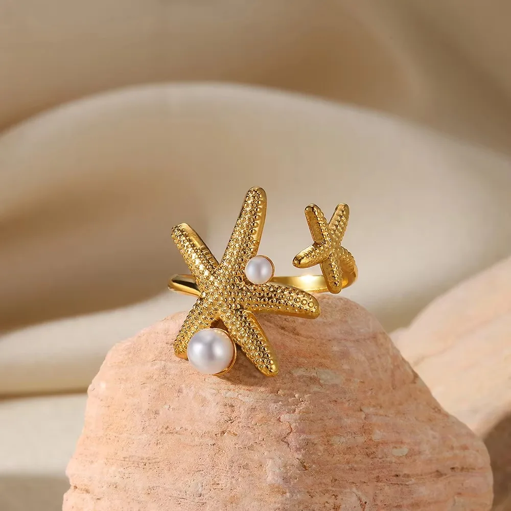 Starfish Rings For Women Girls Gold Color Pearl Stainless Steel Jewelry
