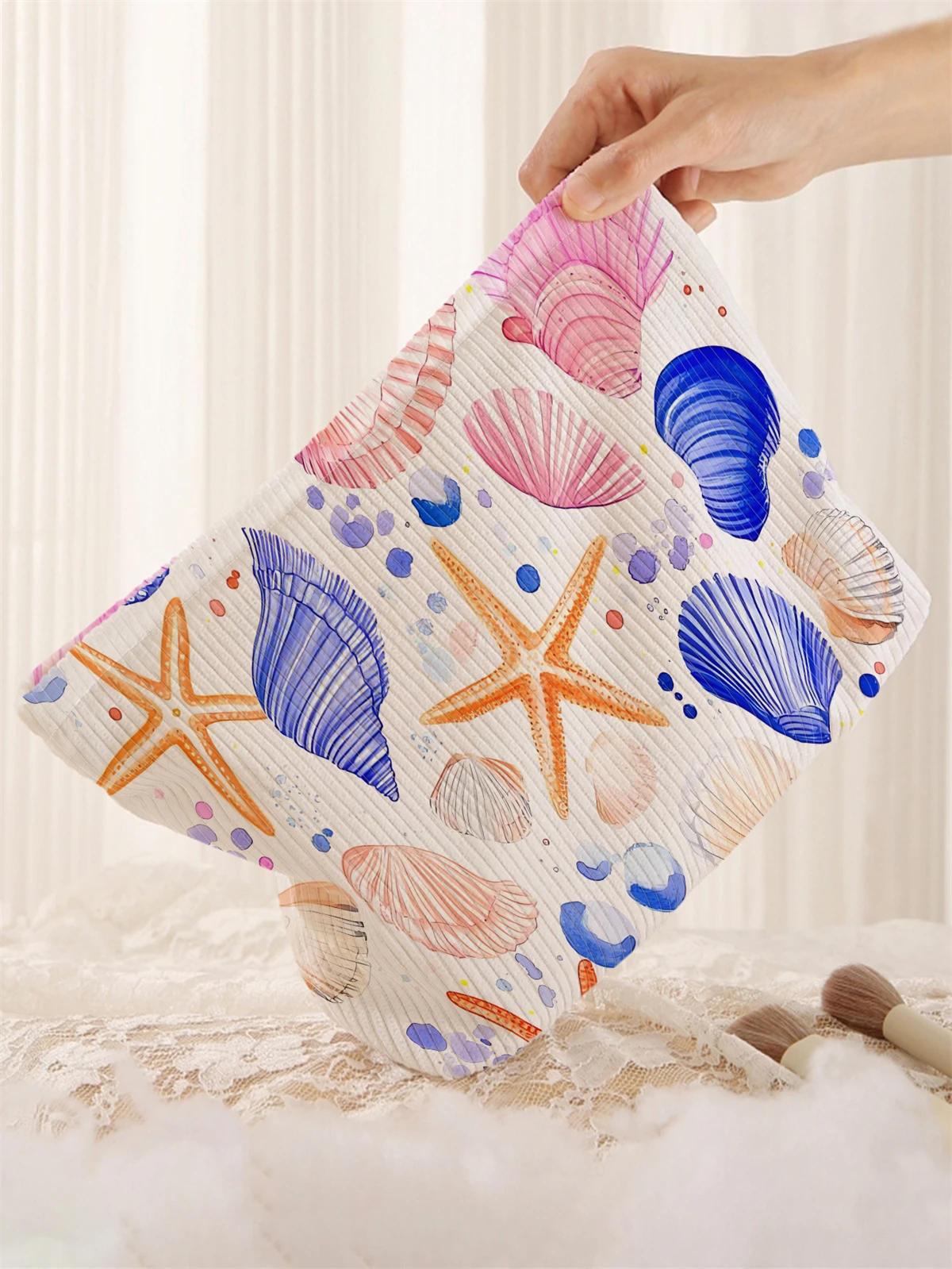 Ocean shell and starfish patterned corduroy makeup bag, lightweight zipper makeup storage box, multifunctional bag with lining
