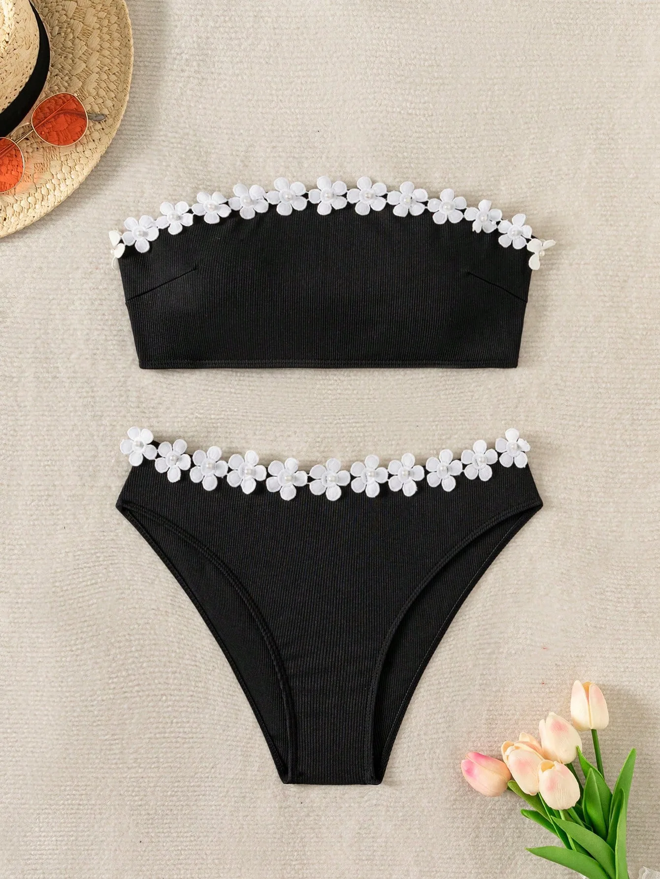 3D White Flower Push Up Bikini - Womens 2 Piece Swimsuit