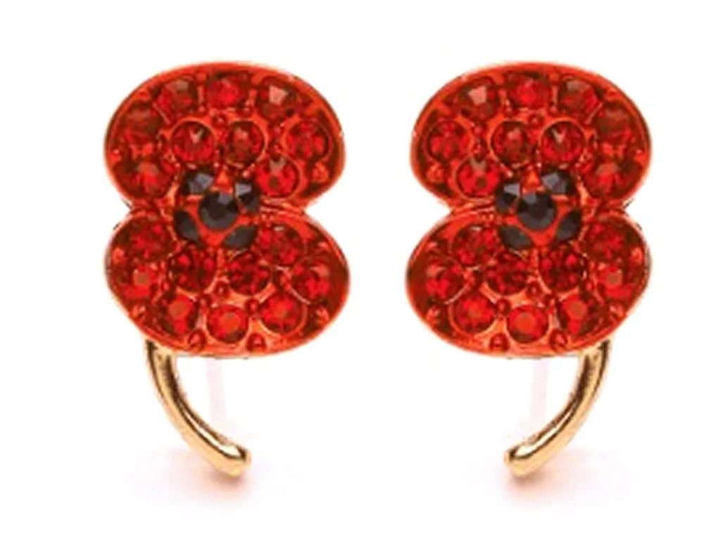 

1 inch Red Poppy Flower Stud Earrings with Rhinestone Crystals Remembrance Day Gifts