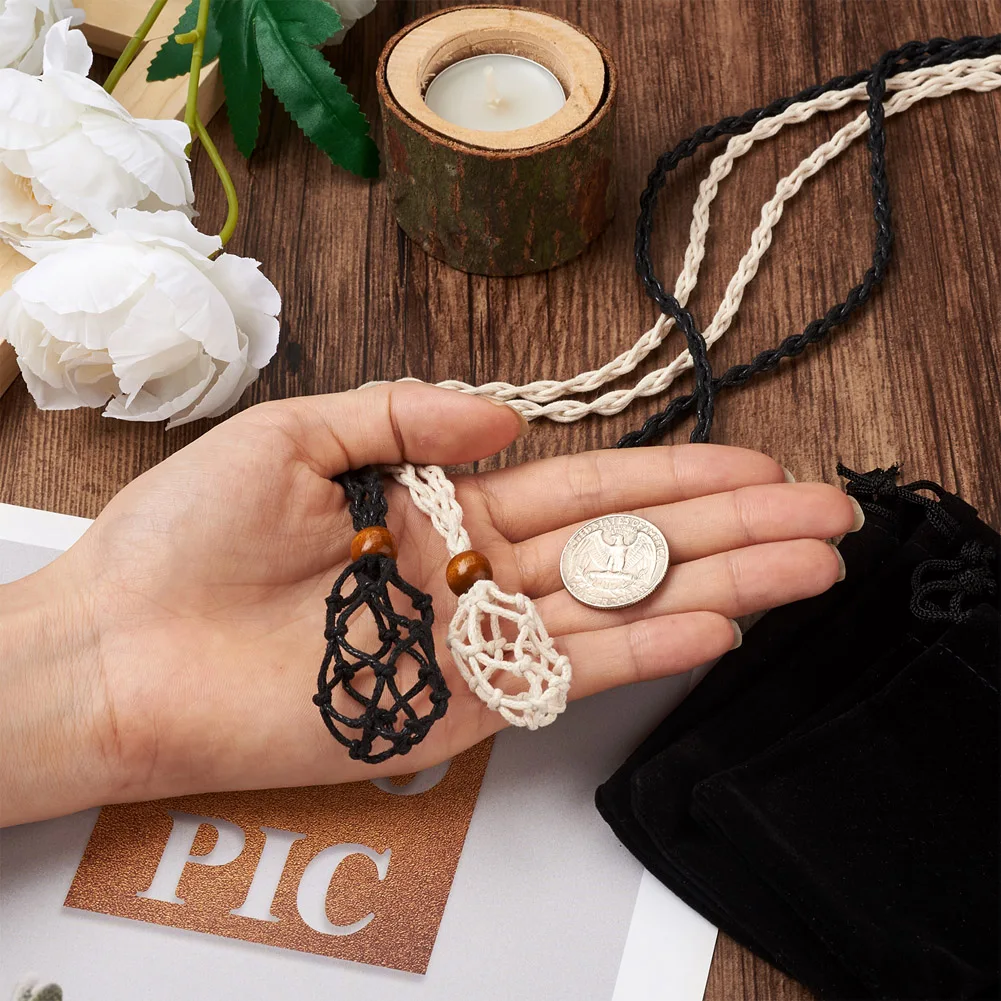 6Pcs Adjustable Braided Waxed Cord Empty Stone Holder Wax Rope Quartz Crystal Net Bag with Macrame Pouch Pendant Necklace Making