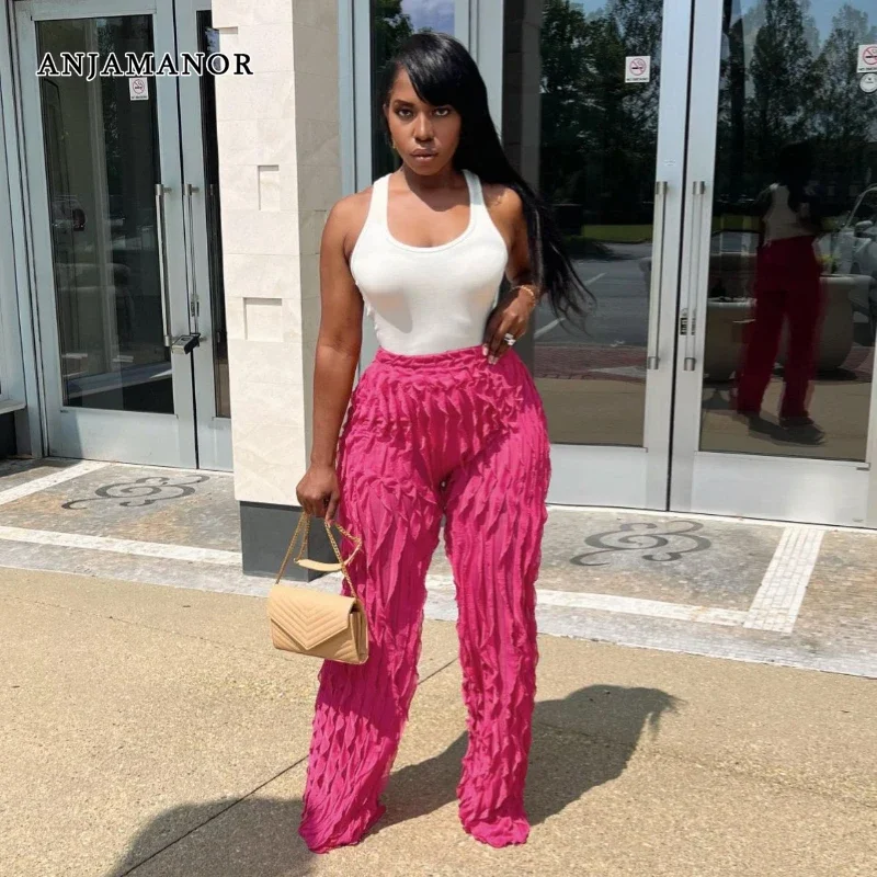 

ANJAMANOR Ruffled Mesh Sheer Pants for Women Bottoms Fall 2023 Fashion Sexy High Waist Wide Leg Pants Wholesale D0-CZ31
