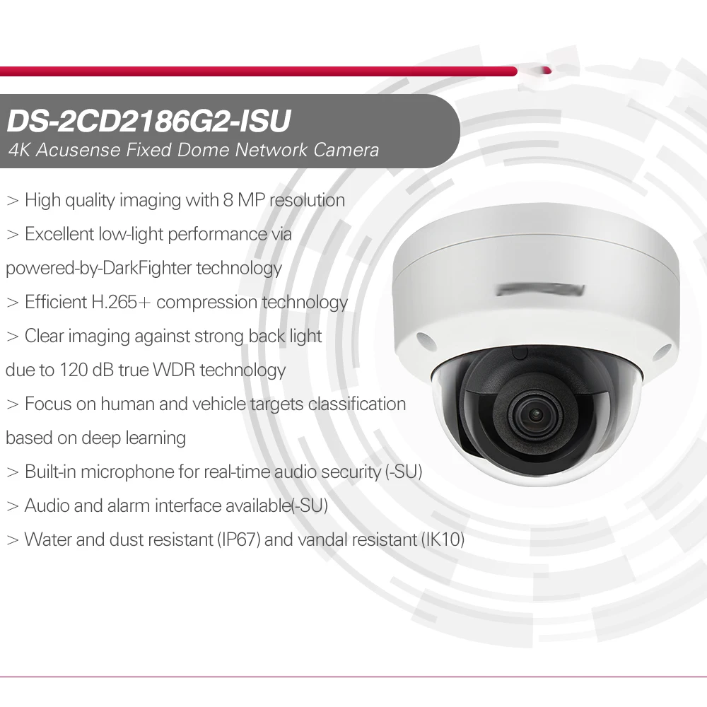 Hikvision IP Camera 8MP 4K Acusense IR Fixed Dome DS-2CD2186G2-I DS-2CD2186G2-ISU POE Security Protection CCTV Surveillance IP67
