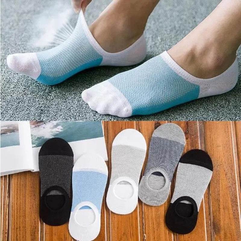 

5Pairs Fashion Bamboo Fibre Non-slip Silicone Invisible Compression Socks Male Ankle Sock Breathable Men Meias Cotton Boat Socks