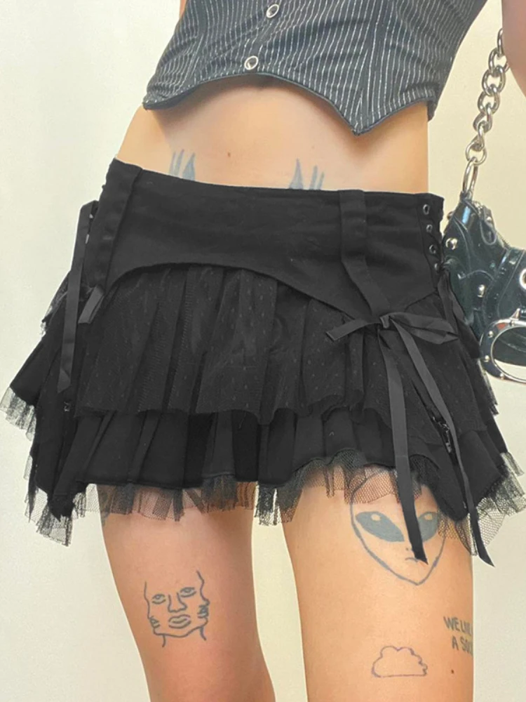 

Black Bow Bandage Mini Skirts y2k Mesh Pleated Skrits Grunge Punk Korean Chic Short Skirts Women Gothic Outfits Retro