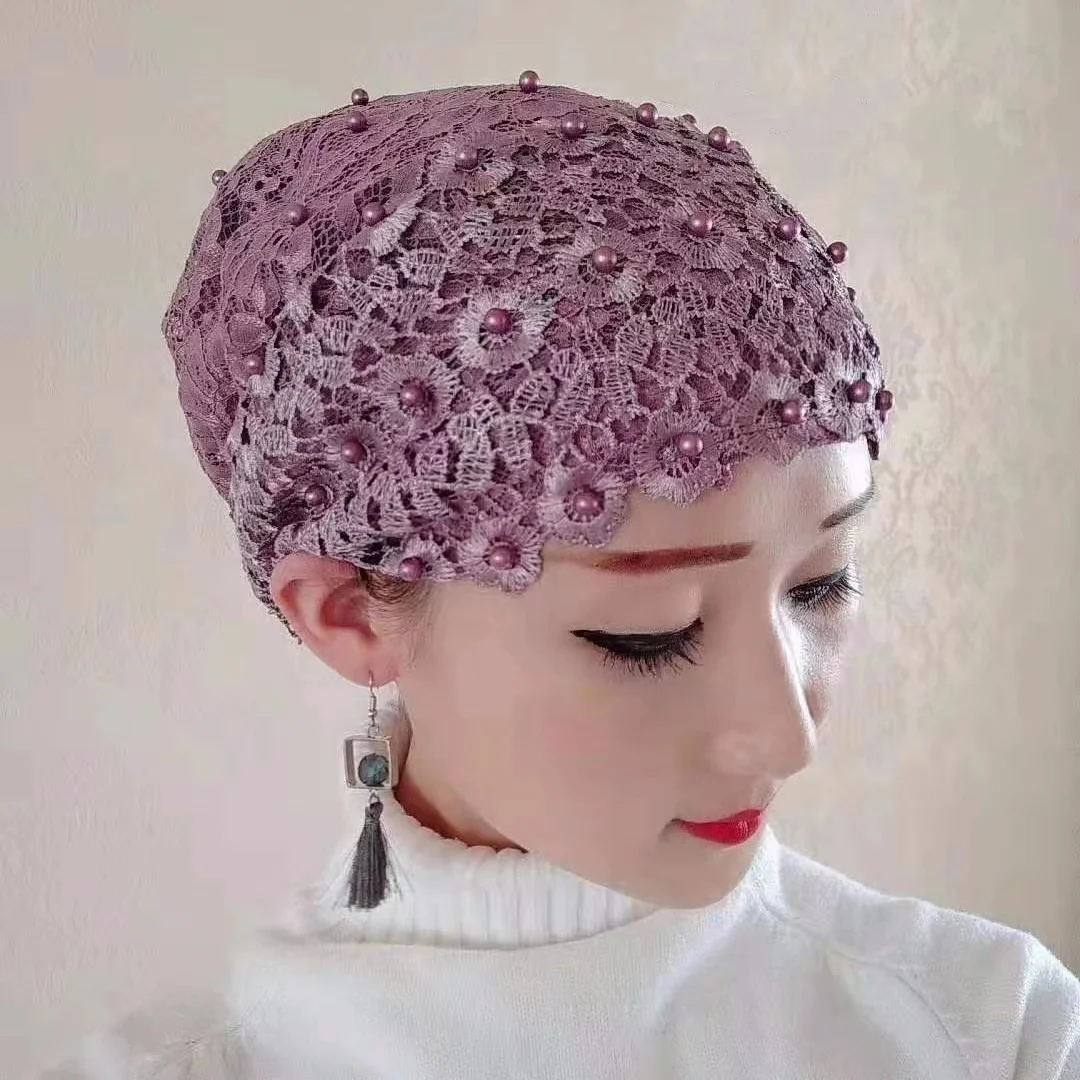 fashion ladies headband pearls beading turban caps with hair bands muslim headscarf bonnet female head wraps turbante mujer Fashion Women Beading Foral Lace Turban Cps Breathable Summer Muslim Hats Female Headscarf Bonnet Hair Loss Head Cover Caps