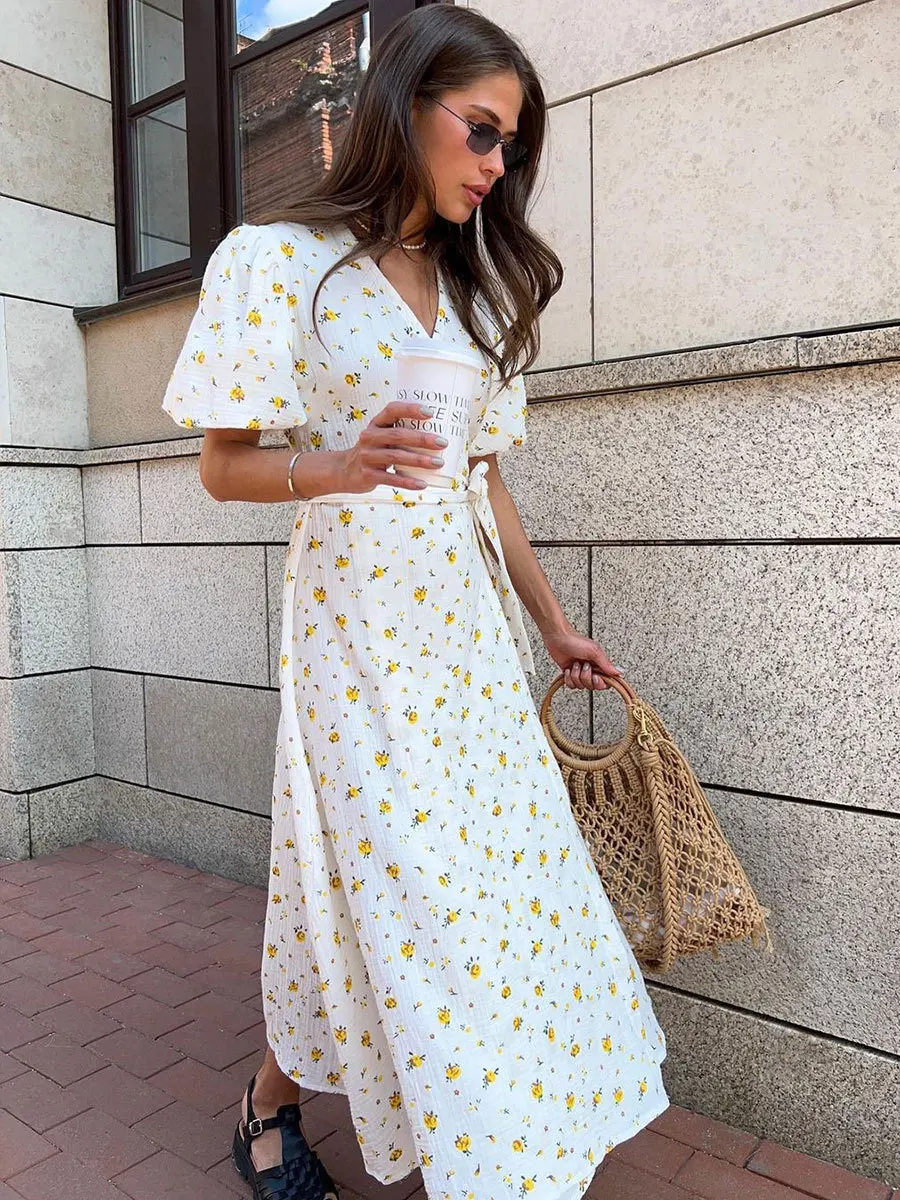 Women's Loose Fit Cotton Blend Maxi Dress with V-Neck & Short Sleeves S3f65e307eba84a35bf6a569c72ec001d4
