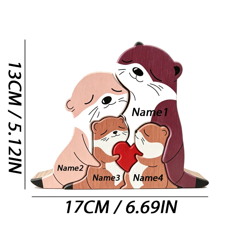Charming Otter Family Wooden Puzzle Ornament with Red Heart - Perfect for Home or Office Décor and Thoughtful Gift