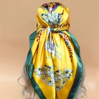 New 90X90CM Beach Shawls Popular Design Square Silk Hijab Women Luxury Sunscreen Scarves Fashion The Four Seasons Headscarf 2