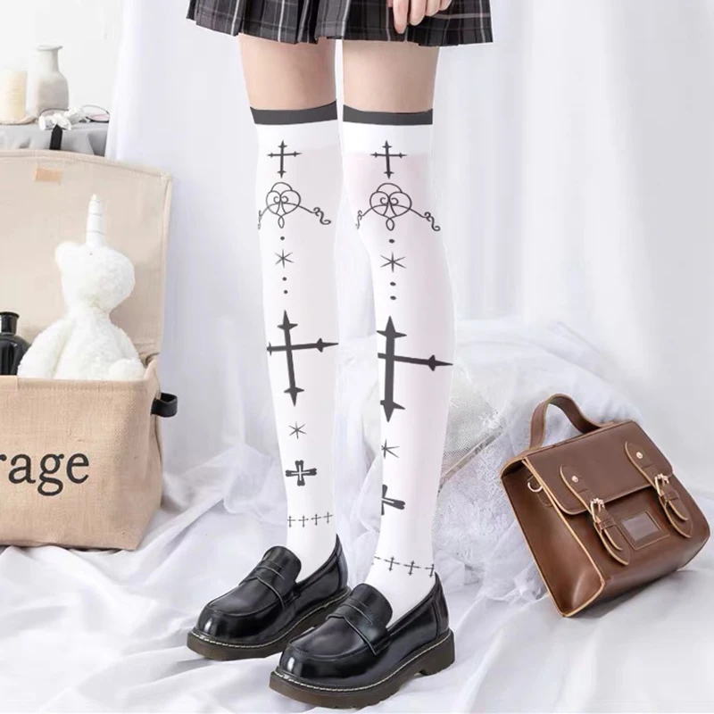 Gothic Cross Print Lolita Sokken Voor Vrouwen Meisje Punk Fluweel Over Knie Sok Cosplay Anime Dij Hoge Halloween Kousen